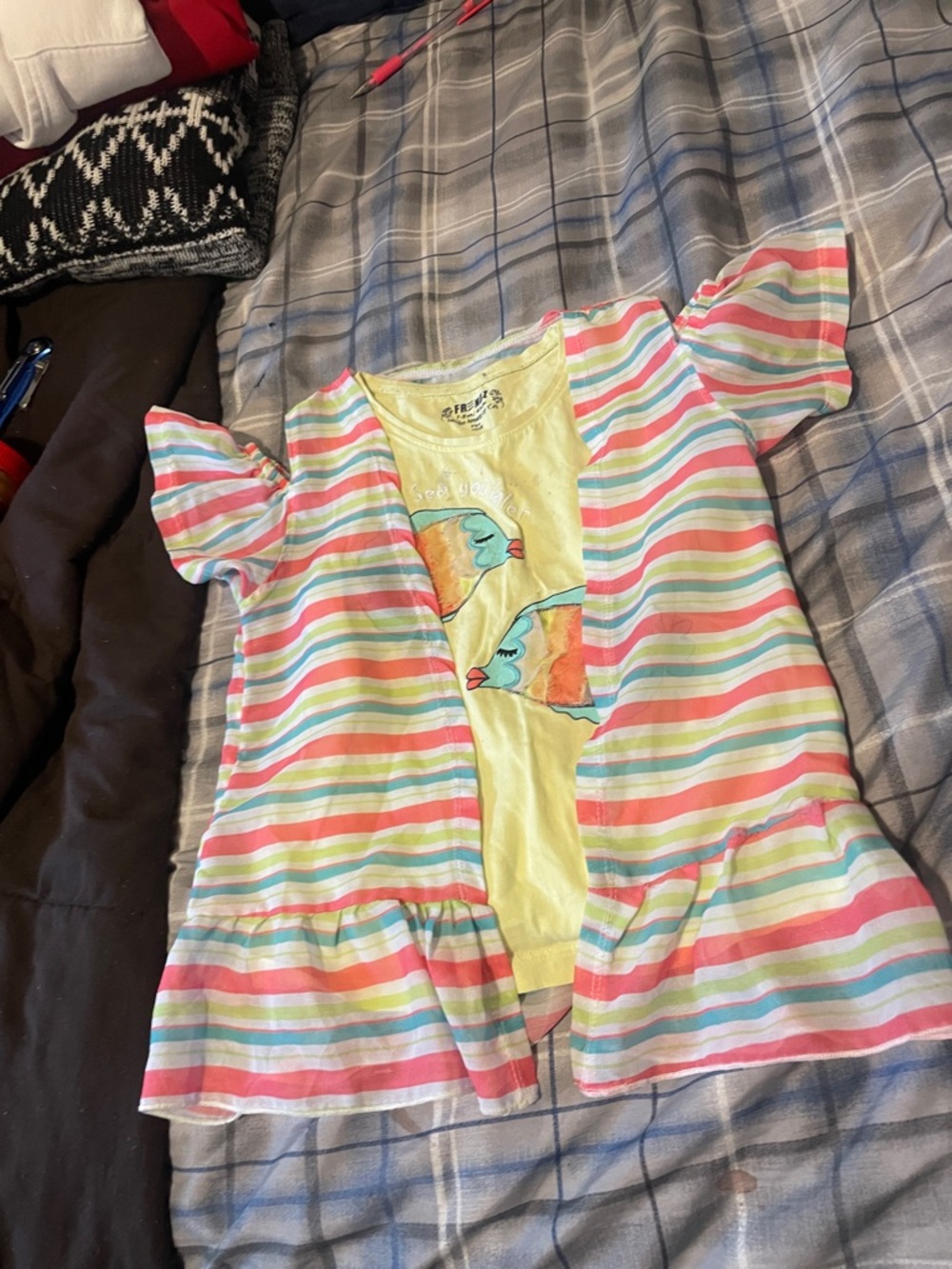 Girls' Striped Short Sleeve Top with Yellow Graphic Tee